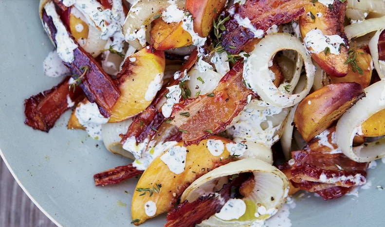 Grilled Peach, Onion, Bacon Salad with Buttermilk Dressing