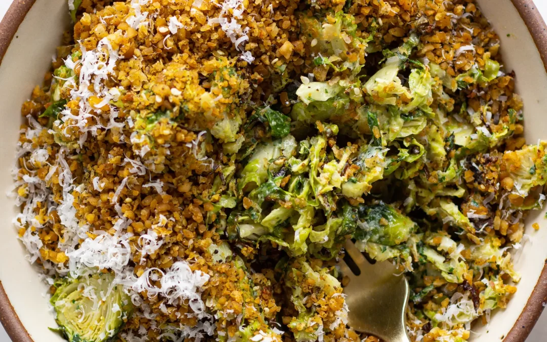 Brussels Sprout Salad with Anchovy Tahini & Za’atar Chickpeas