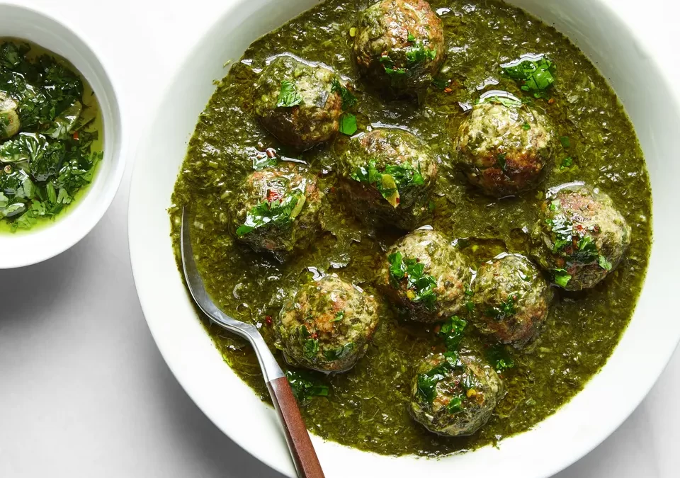 Chicken Meatballs With Molokhieh, Garlic, and Cilantro