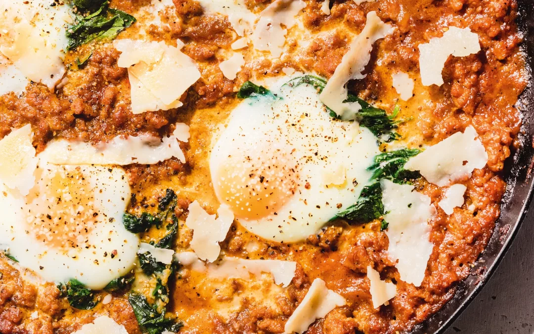 Sloppy Joe Shirred Eggs with Spinach