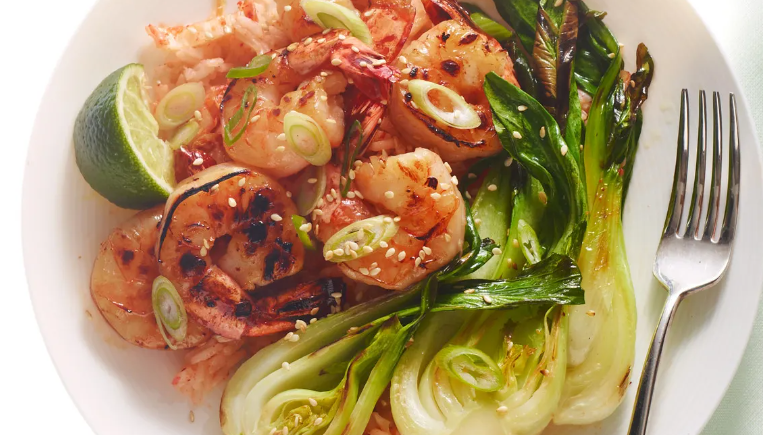 Roasted Hot-Honey Shrimp with Bok Choy and Kimchi Rice