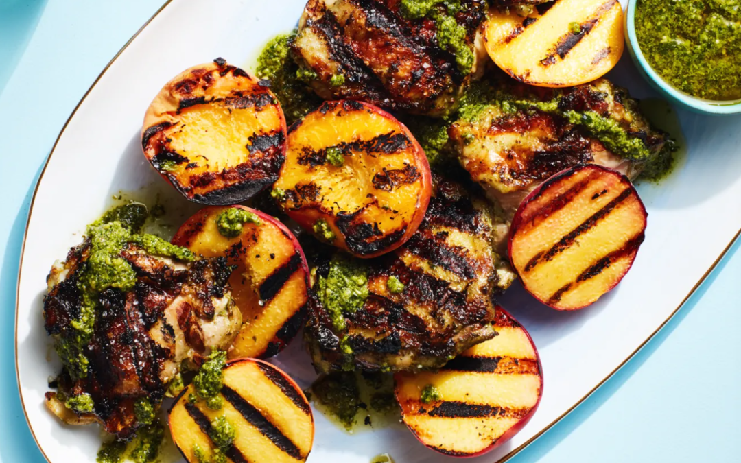 Pesto-Grilled Chicken with Peaches